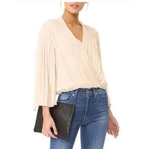 ALICE + OLIVIA Axel Pleated Flare Sleeve Top Surplice Wrap Silk Georgette Nude M